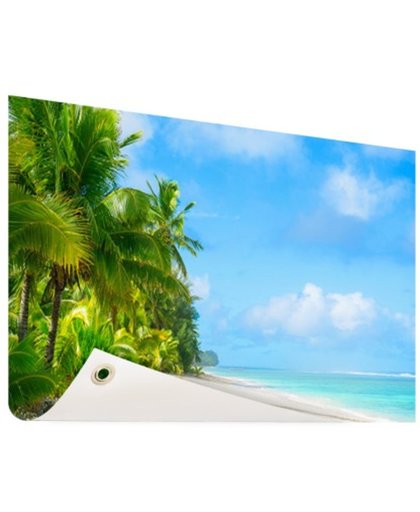 Palmbomen op tropisch strand foto Tuinposter 120x80 cm - Foto print op Poster (wanddecoratie) cm - Foto op Tuinposter (tuin decoratie)