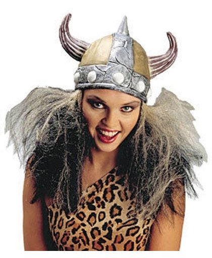 Zilverkleurige viking helm met haren voor volwassenen - Verkleedhoofddeksel