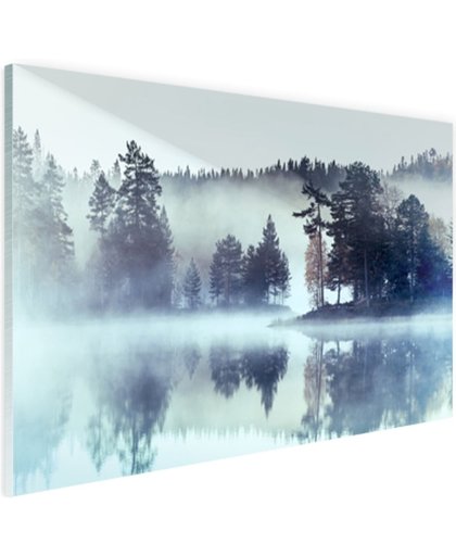 Bos omringd door mist Glas 180x120 cm - Foto print op Glas (Plexiglas wanddecoratie)