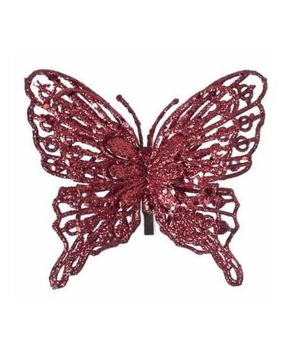 Kerstboomversiering rode glitter vlinder op clip 13 cm