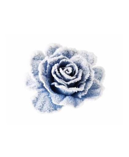 Kerstboom decoratie roos op clip lichtblauw/wit 10 cm