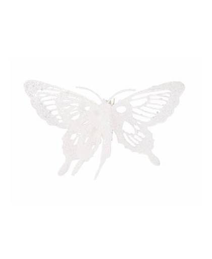 Kerstboomversiering witte glitter vlinder op clip 15 cm