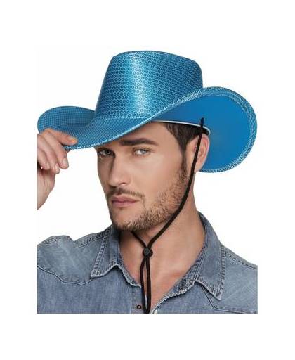 Blauwe cowboyhoed howdy pailletten voor volwassenen