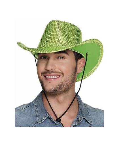 Groene cowboyhoed howdy pailletten voor volwassenen
