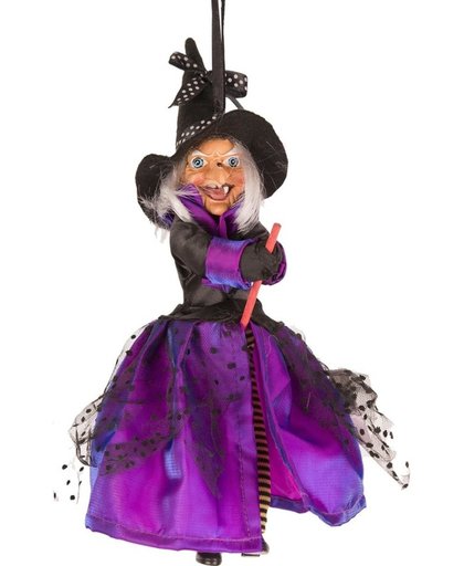 Halloween - Heks hangdecoratie pop paars/zwart 25 cm Halloween versiering
