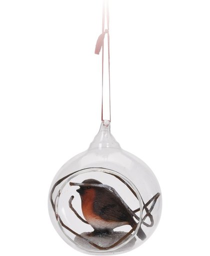 Glazen kerstbal 8 cm met roodborstje vogel