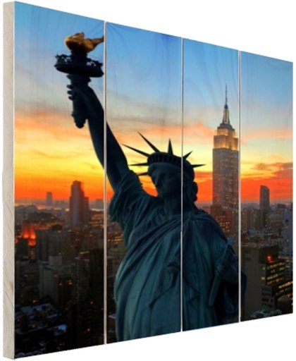 Vrijheidsbeeld met NY Skyline Hout 120x160 cm - Foto print op Hout (Wanddecoratie)