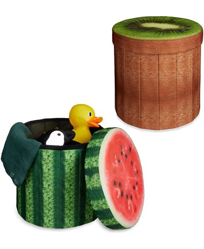 relaxdays 2 x ronde poef met opslagruimte - hocker - zetel - krukje rond - meloen kiwi