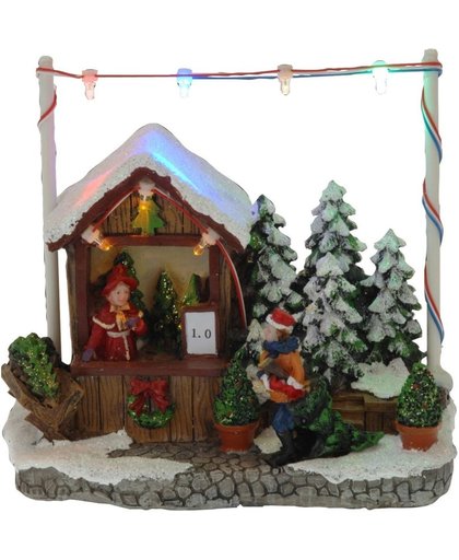 Kerstdorp kerstboom kraampje/winkeltje 16 cm met LED verlichting - kersthuisje