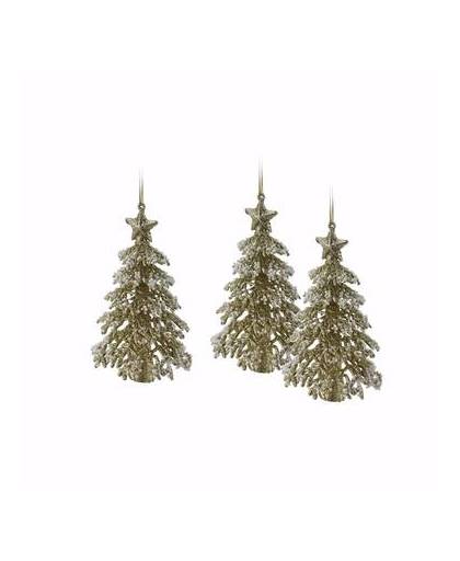 3x kerstboom kersthanger met lintje - 16 cm - goud / glitter