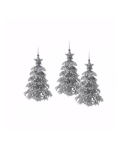3x kerstboom kersthanger met lintje - 16 cm - zilver / glitter