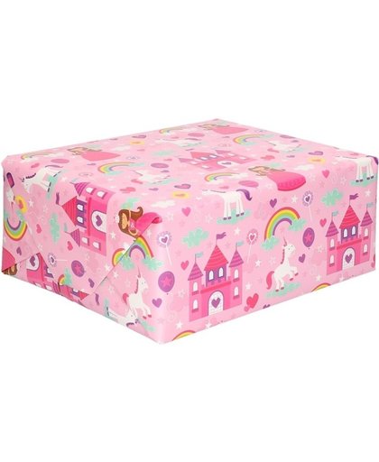 Inpakpapier kinderverjaardag roze met eenhoorn print 200 x 70 cm  - cadeaupapier