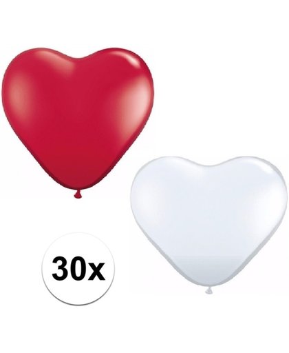 30x bruiloft ballonnen wit / rood hartjes versiering 15 cm - huwelijk / valentijn