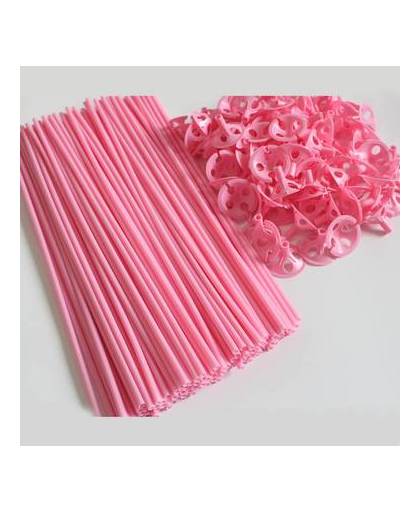 Ballonstokjes roze met houders 40cm 100 stuks
