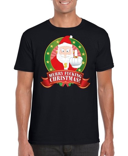 Foute Kerst t-shirt zwart gangster Kerstman - Merry Fucking Christmas voor heren - Kerst shirts S