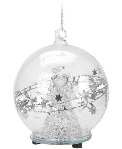Glazen kerstbal 8 cm met kerstengel en LED verlichting