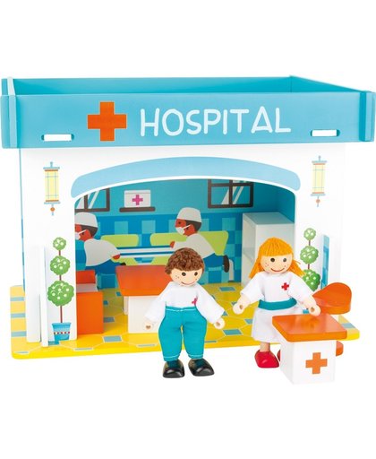 Houten poppenhuis ziekenhuis
