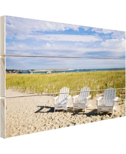 FotoCadeau.nl - Drie typische strandstoelen op strand Hout 30x20 cm - Foto print op Hout (Wanddecoratie)