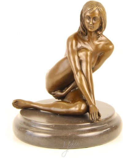 Bronzen sculptuur met zittend vrouwelijk naakt
