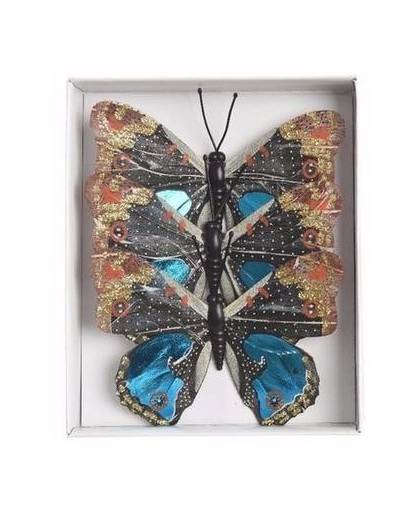 3 stuks kerstboomversiering vlinders metallic blauw ijzerdraad -type 1