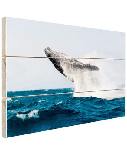 FotoCadeau.nl - Walvis springt achterover in blauw water Hout 80x60 cm - Foto print op Hout (Wanddecoratie)