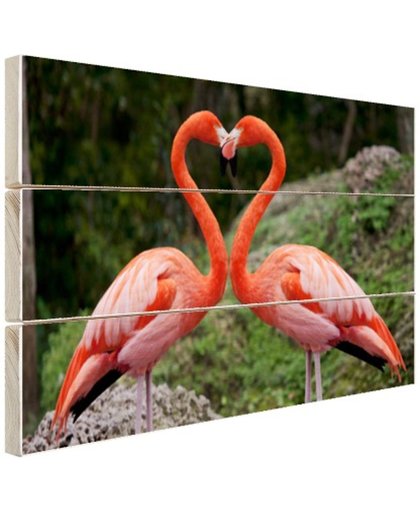 FotoCadeau.nl - Verliefde flamingos vormen hart Hout 120x80 cm - Foto print op Hout (Wanddecoratie)