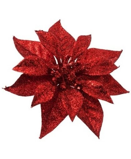 Rode kerstster met glitters op clip 18 cm - kerstversiering