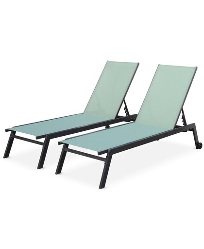 Set van ligstoelen van aluminium en textileen, ligbed multipositioneel met wieltjes
