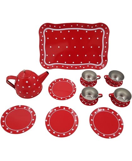 Tinnen speelgoed serviesje rood met witte stip in doos