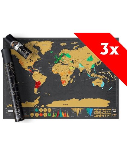 Luxe Grote Wereldkaart Krasposter - Scratch world map (82x60cm) 3 Stuks