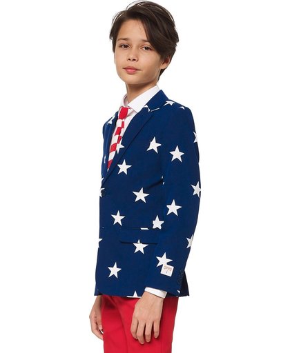 OppoSuits Stars & Stripes Pakken voor Jongens van Hoge Kwaliteit – Stars & Stripes Kostuum bevat Pantalon, Jasje en Stropdas! Maat 134/140