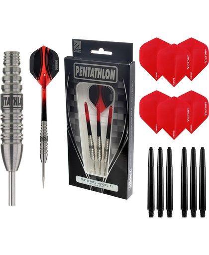 Pentathlon - T1 Rood 24 gram 90% Tungsten – dartpijlen – inclusief bijpassende – darts shafts – en – darts flights