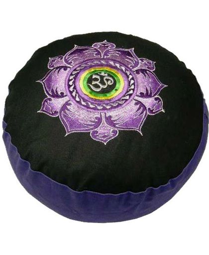 Meditatiekussen zwart/violet lotus & OHM geborduurd (33x17 cm)