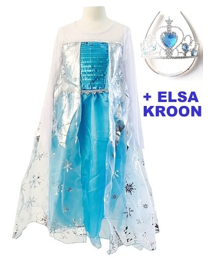 Elsa Jurk - Prinsessenjurk - Maat 134/140 (140) + Gratis Elsa Kroon