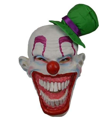 Evil Killer clown masker met grote lach en groen hoedje - Halloween
