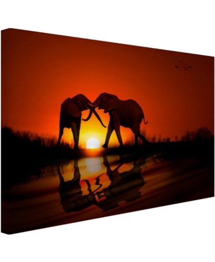 Olifanten koppel bij zonsondergang Canvas 180x120 cm - Foto print op Canvas schilderij (Wanddecoratie)
