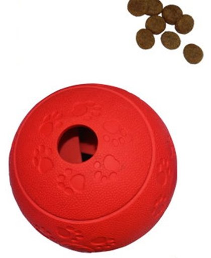Een bal waar onder het spelen een beloning uit komt in de kleur rood.