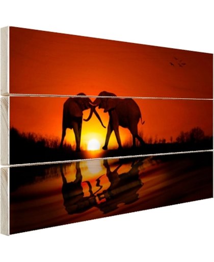 FotoCadeau.nl - Olifanten koppel bij zonsondergang Hout 120x80 cm - Foto print op Hout (Wanddecoratie)