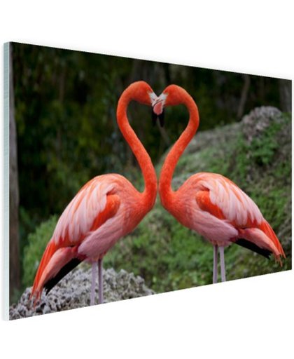 FotoCadeau.nl - Verliefde flamingos vormen hart Glas 120x80 cm - Foto print op Glas (Plexiglas wanddecoratie)