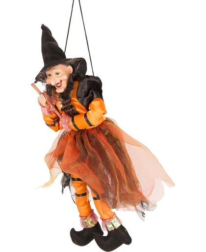 Halloween - Heks hangdecoratie pop oranje/zwart 45 cm Halloween versiering