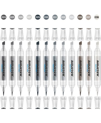 Molotow Aqua Twin Markers, complete grijstinten set - 12 kleuren - Aquarel Inkt Markers