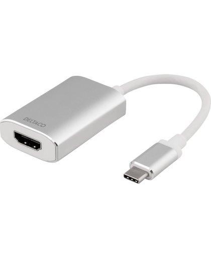 DELTACO USBC-HDMI4 USB-C naar HDMI-adapter, ondersteunt 4K ULTRA-HD in 60Hz, USB-C oplaadpoort, HDCP 2.2, 0.2m, zilver / wit