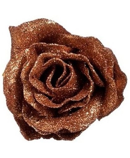 Koperen roos met glitters op clip 7 cm - kerstversiering