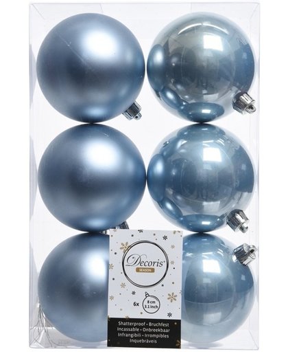 6x IJsblauwe kerstversiering kerstballen kunststof - 8 cm - kerstbal