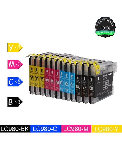 12 Pack Compatibel voor Brother LC-980 3 Zwart, 3 Cyan, 3 Magenta, 3 Geel voor Brother MFC-5895CW, MFC-6490, MFC-990CW, MFC-J615W, MFC-5895CW, MFC-6490,MFC-990CW