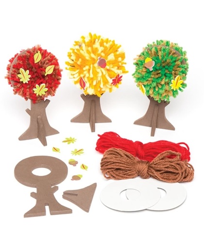 Decoratiesets met herfstbomen met pompons in 3 verschillende ontwerpen. Creatieve knutselset voor kinderen om te maken, versieren en neer te zetten (3 stuks)