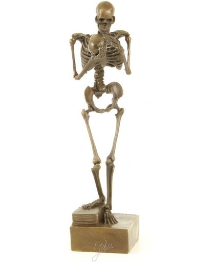 Bronzen beeld Skelet met schedel in handen