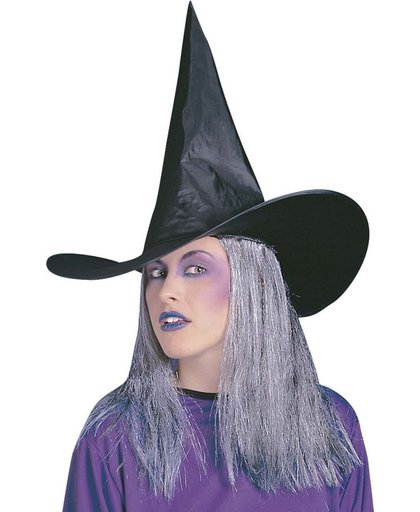 Zwarte heksen hoed met grijze haren Halloween - Verkleedhoofddeksel