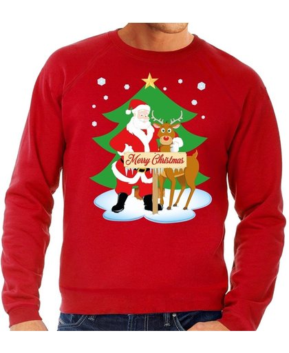 Foute kersttrui / sweater met de kerstman en rendier Rudolf rood voor heren - Kersttruien 2XL (56)