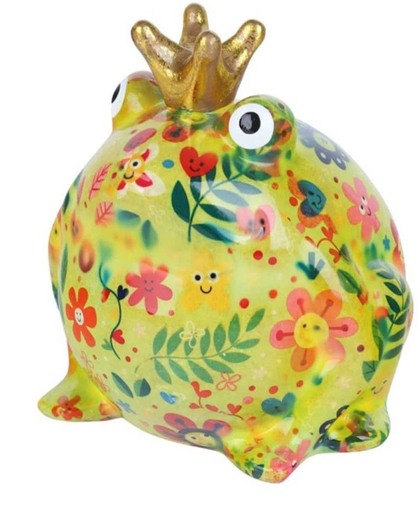 Pomme Pidou spaarpot kikker Freddy - Uitvoering - Groen met bloemen met gezichten